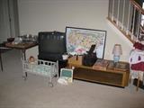 Vintage baby bed, contemporary glass top coffee table etc