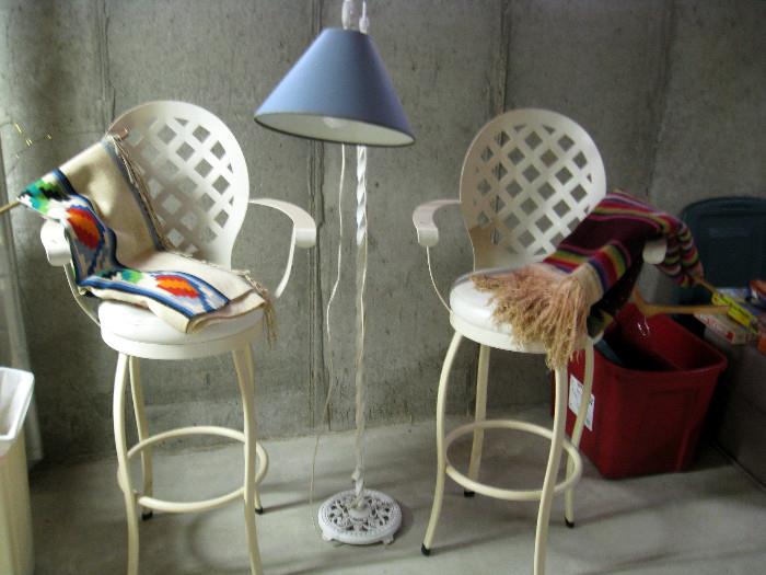 Gorgeous bar stool, wrought iron floor lamp and woven throws