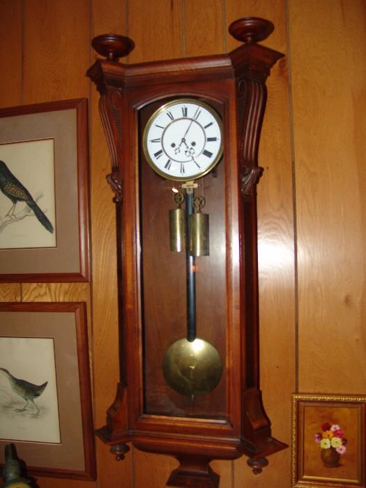 Porcelain face antique clock, brass pendulum and weights