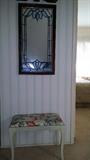 STAINED GLASS MIRROR, FOOTSTOOL, BENCH