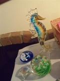 PAPERWEIGHTS, GLASS SEAHORSE