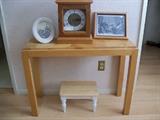 HAND MADE CLOCK, STOOL, PARQUE TOP TABLE 36" X 14".  FAMILY IS KEEPING THE PHOTOS.