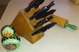 Babushka dolls, Cutco knives w/ Cutco block, vintage rolling pin