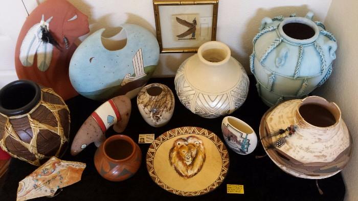 Shirley Smith horsehair bowl w/ turquoise accent, Steven Kaye pot, Zulu wood lion bowl, etc