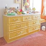 Yellow & White Bamboo Motif 7-Drawer Broyhill Low Chest w/Mirror: 450.00