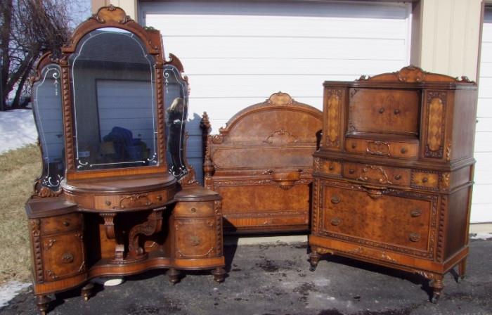 C/1925 Burl Walnut Bedroom suite including Highboy (w/2 hidden liquor compartments) Vanity and Full size bed 
