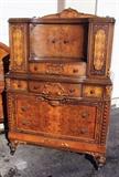 C/1925 Burl Walnut Bedroom suite including Highboy (w/2 hidden liquor compartments) Vanity and Full size bed 