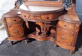 C/1925 Burl Walnut Bedroom suite including Highboy (w/2 hidden liquor compartments) Vanity and Full size bed 