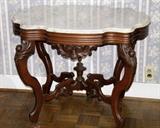 C/1870's Victorian Walnut white Marble turtle top table 