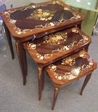 3 pc. inlaid Table nest w/music box in smallest Table