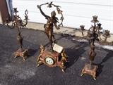 C/1890's French Victorian Figural mantle clock set w/candelabras, Signed “Japy Freres” movement w/rouge marble bases 