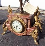 C/1890's French Victorian Figural mantle clock set w/candelabras, Signed “Japy Freres” movement w/rouge marble bases 