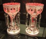 C/1910 signed Czechoslovak white cut to cranberry mantle lusters w/crystals 