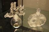 Signed Lalique "Lily Muguet" crystal perfume, 4 3/4" ~ Signed Lalique crystal Double Blossom perfume 3 1/2" 