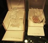 3-C/1970's signed Lalique crystal perfume bottles "L'Air du Temps" in Nina Ricci presentation cases, 7 3/4", 4 3/4" and 4", the two larger are in silk presentation cases and the small one is in a flocked presentation case