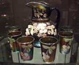 C/1910 Fenton Cobalt carnival Lemonade set w/6 glasses, Cherries and Blossom pattern 