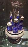 Cobalt Cut to Clear 5 Bottle Cruet Set in 1880 SP Holder