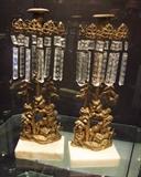 Pair of C/1860's Bronze and marble mantle Lusters w/crystal drops