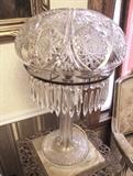 Lg. C/1915 Cut Crystal electric table lamp (Dome top shade) w/crystal drops and zipper cut stem