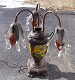 C/1920 Center Table Lamp w/tear drop crystals and Reverse Painted center section