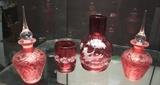 Pair of acid etched art glass Ruby perfumes ~ Fenton Cranberry Mary Gregory h.p. Tumble Up set 