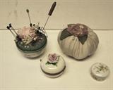 4 pc. Ladies lot including 2 pincushions (1 w/hat pins) and 2 porc. ring boxes