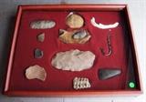~ Indian Artifact collectors lot including Lg. Quartz scrapper, Celt, pottery shards, Adz head, etc. in display case, Lexington, MI 