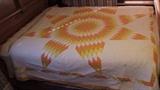 C/1900 Lone Star pattern, yellow and oranges w/white background, Laurel wreath quilting, 78x80", yellow backing 