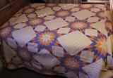 C/1930's Tennessee Star pattern w/orange and blue on off white background, quilted w/orange thread, 90x94" 