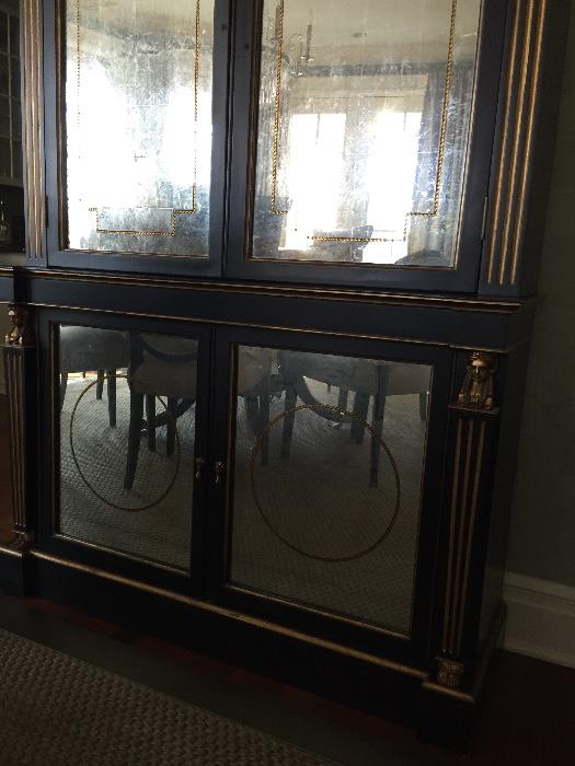 Tall Mirrored China/Hutch - 2 pieces - Black with gold-leaf detailing 
