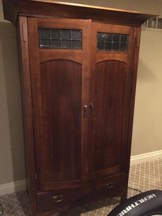 Mission-styled Armoire with leaded glass panels 