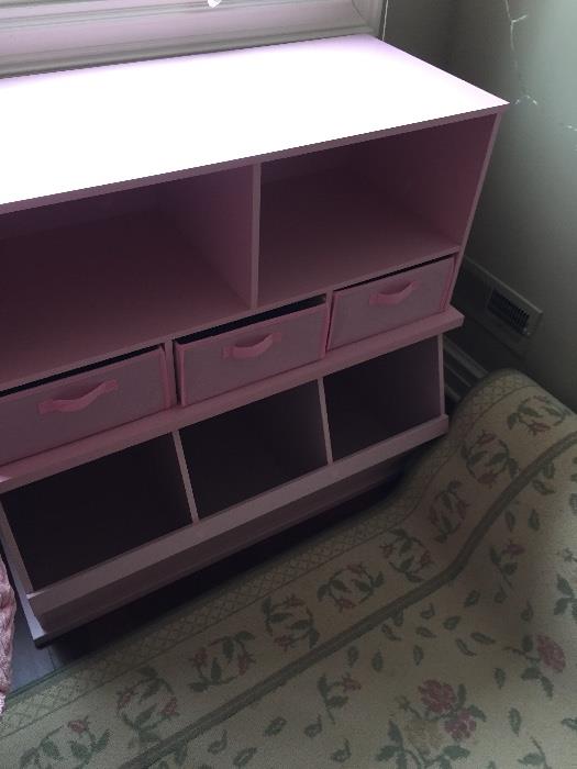 pink wood and bin storage system - located on the 3rd floor and Large area Rug with pad