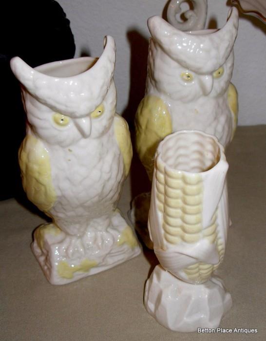 Belleek owls and Corn Vase