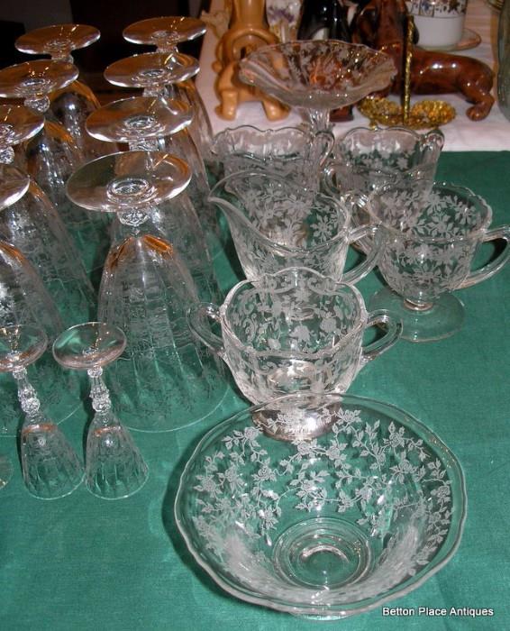 Fostoria Chintz pattern Iced Tea, wine and sherry glasses, creamers and sugars...etc