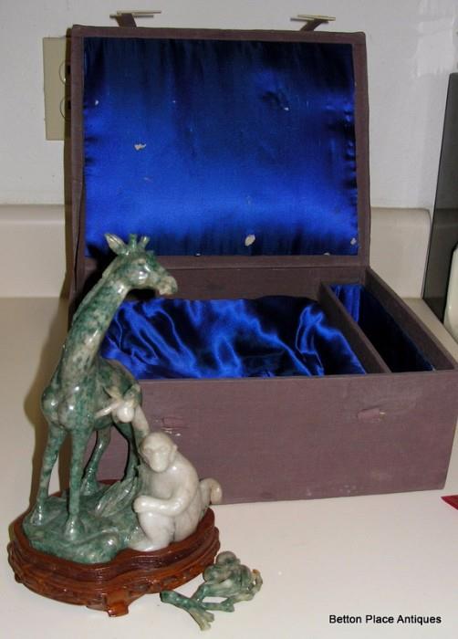 Honan Jade carving of Giraffe and monkey in original box, branch severed from piece....