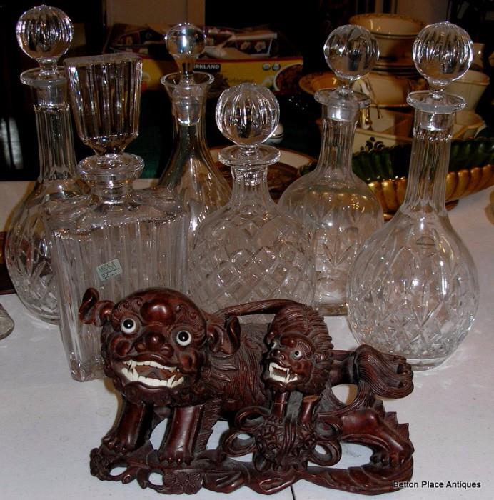 Decanters and Asian Foo Dog 