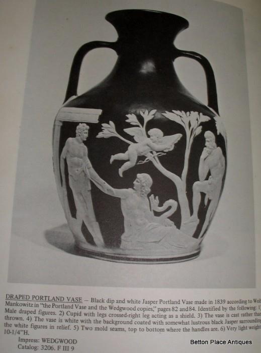 This is the Draped Portland Vase in the book from Buten Museum of Wedgwood written by Harry t Buten confirming that the Draped Portland Vase in the Estate Sale is indeed a 1839 version, quite rare indeed, someone is going to be a lucky person to take this home with them.
