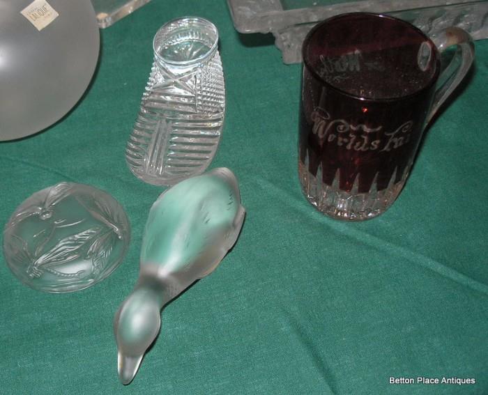 Baccarat Duck, Waterford Shoe, Worlds Fair 1893 Ruby Cup and Lalique Lid