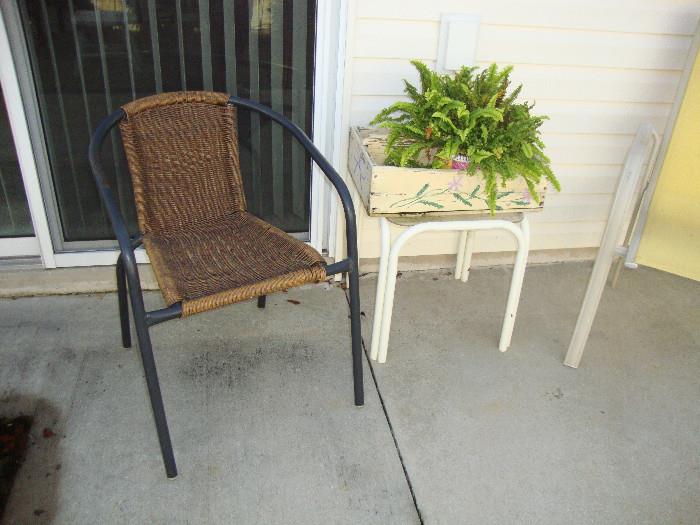 1 patio chair, side table, decor planter