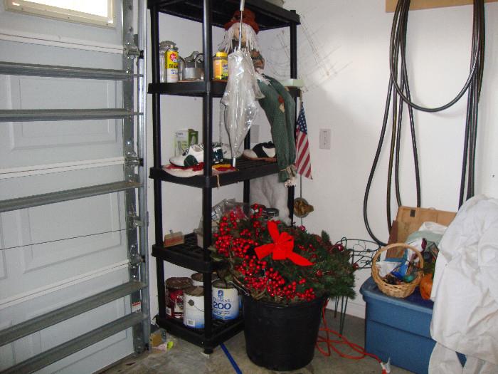 garage shelf unit, Xmas  decor/trees