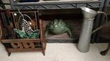 Stained glass, Ceramic Monster Bullfrog, and skinny metal water pitcher
