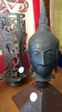 Enlightened Buddah head on a stand, Bronze candle holder and shade