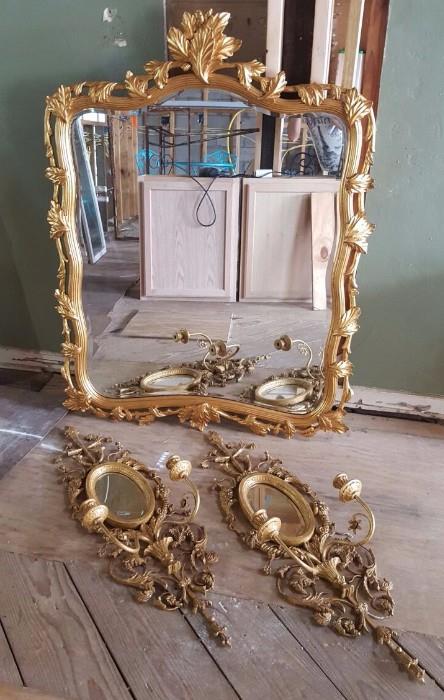 Gilt wood mirror & sconces