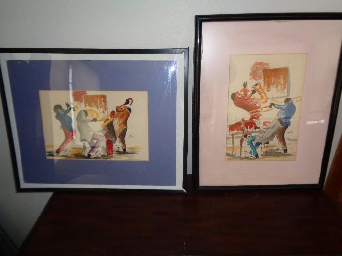Signed Jazz Pictures Preservation Hall Jazz watercolor by Tauzet