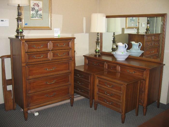 Mid-century White Furniture Co. BR set - Headboard, highboy, dresser w/mirror and two nightstands with metal bed frame. Placed on the floor this week.