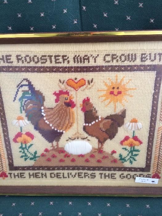  Rooster/hen framed cross-stitch picture