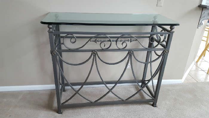Glass top wrought iron sofa table   $60