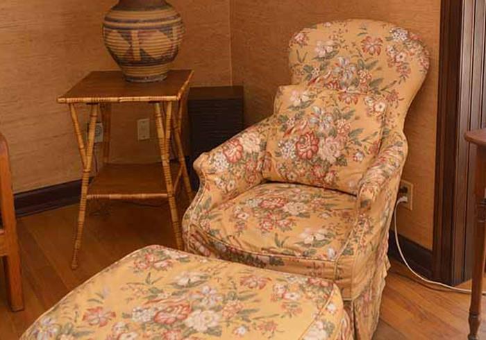 Floral Slipcovered Armchair with Ottoman