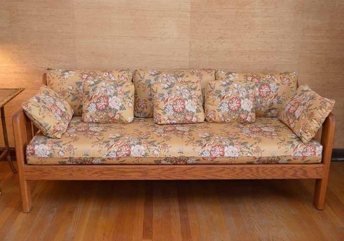 Lovely Oak Framed Sofa with Floral Cushions