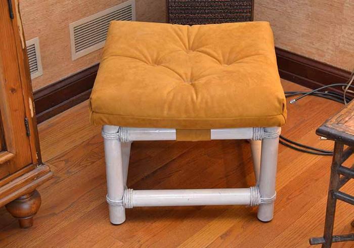 White Painted Bamboo Footstools with Tufted Cushions (There are 2)
